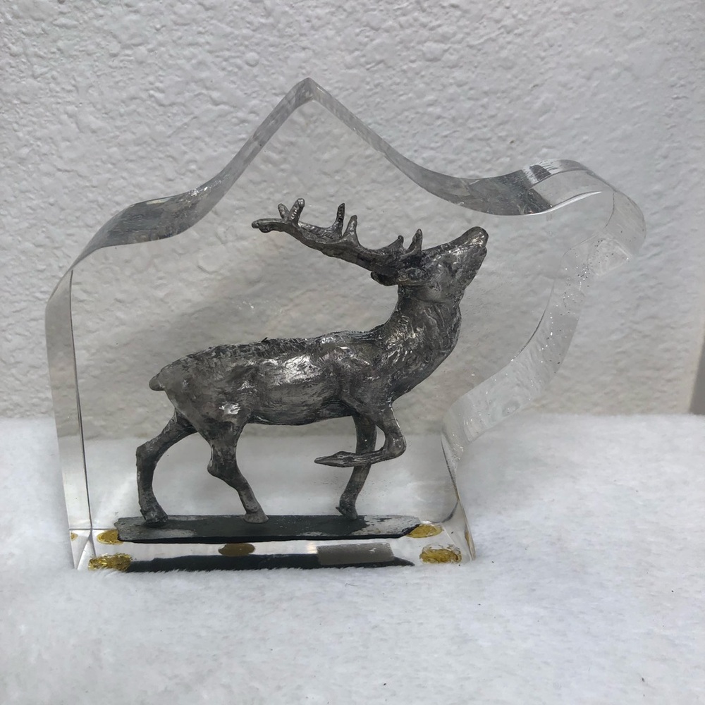 Vintage Reindeer Elk Pewter Figurine in Lucite Acrylic Paperweight Canada
